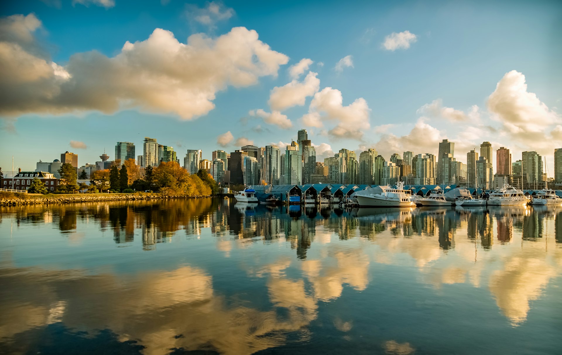 Aerial view of Vancouver harbour at golden hour